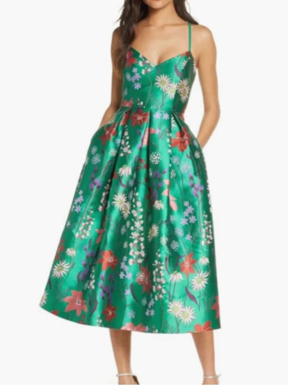 Eliza J Spaghetti Strap Fit & Flare Floral Jacquard Dress in Green Size 10 NWT